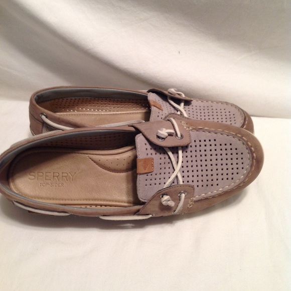 Women's Sperry Topsider khaki/grey leather shoe - Picture 3 of 5